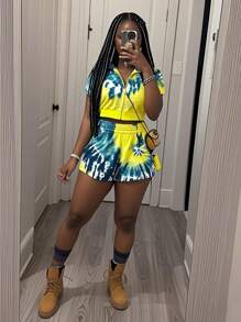 Slaydiva Set da 2 pezzi composto da cardigan corto casual con zip e stampa tie-dye + minigonna a ruota tie-dye, adatto per uscite giornaliere, feste, festival musicali, Pasqua, vacanze, stile Gyaru, abbigliamento casual di strada, laurea