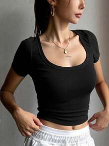 DAZY Solid Color Round Neck Short Sleeve T-Shirt Summer,Crop Tops Women - Black - View 3