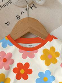 SHEIN Cute Floral Print, Baby Girl Casual Minimalist Short Sleeve Round Neck Top, Suitable For Summer - Multicolor - View 4