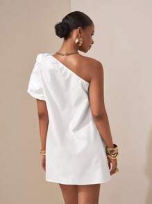 Zivah 2025 Spring/Summer New Music Festival, Easter, St. Patrick's Day, Western, Nomadic, Birthday, Graduation, College, Student, Casual, Vacation, Cruise, Beach, Sunbathing, Street Style, Elegant White Asymmetric Ruched Puff Sleeve Mini Dress - White - View 2