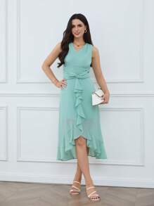 EMERY ROSE 收腰 A 字形下摆褶皱中长连衣裙，带透明双层短袖，浅绿色，淑女花卉印花荷叶边下摆优雅女士连衣裙女装夏季女士中长连衣裙女装连衣裙荷叶边连衣裙花裙休闲优雅连衣裙女装夏季 - 綠色 - 查看 4