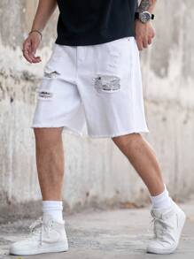 Manfinity LEGND Herren einfarbige Distressed Taschen Lässige Loose Fit Denim-Shorts - Weiss - Übersicht 3