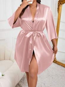 Plus Size Women's Solid Color 3/4 Sleeve Arched Faux Silk Robe Luxe Loungewear, For Fall