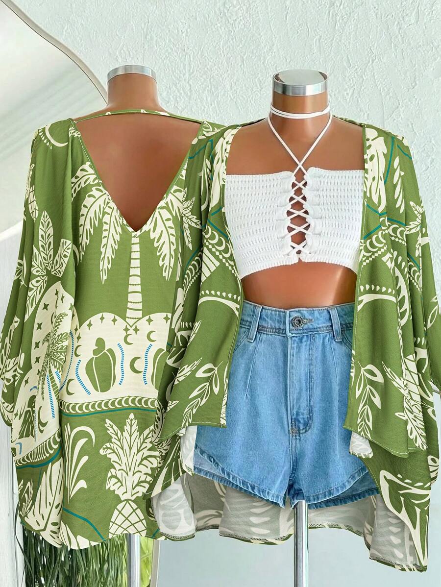 Flirla Plus Size Open Front Casual Women's Apparel Digital Print Lightweight Jacket - Multicolor - View 1