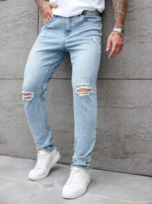 Manfinity Homme Light Blue Denim Casual Elastic Skinny Ripped Pants For Men - Light Wash - View 4
