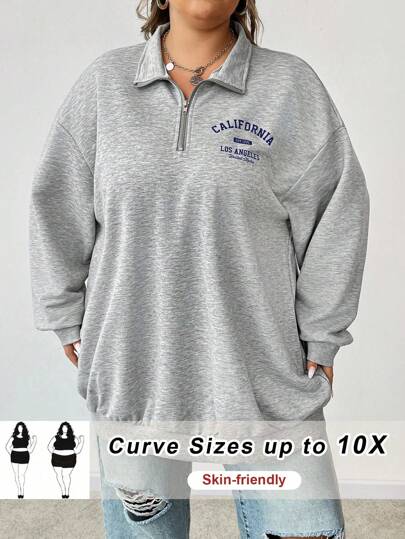 SHEIN CURVE+ 大码女式宽松加州图案印花轻质高领半拉链运动衫，秋冬款