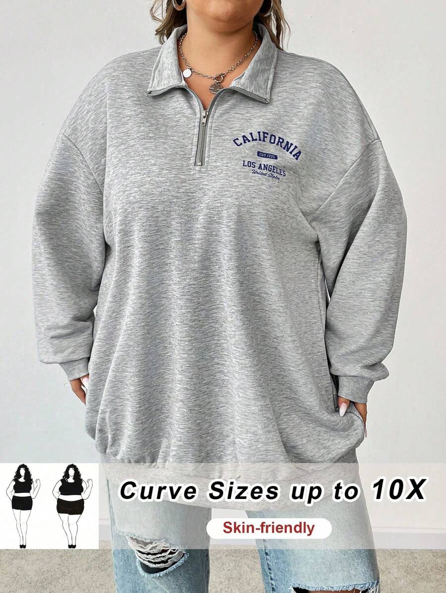SHEIN CURVE+ Plus Size Women's Loose Fit California Graphic Print Lightweight Turtleneck Half Zip Sweatshirt, Autumn Winter Graduation,Back To School Outfits,Graduation,Teacher Outfits For Women,Back To School Fall