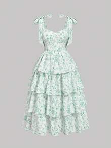 SHEIN MOD Plus Size Bowknot Shoulder Ruched Layered Ruffle Hem Green & White Floral Print Dress - Green - View 1