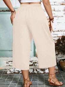 Plus Size Women's High Waist Loose Solid Color Wide Leg Capri Pants, Casual Office Wear - Beige - View 2
