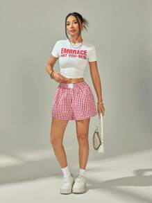 SHEIN PETITE Women High Waist Plaid Shorts, Fashionable For Summer,Flowy Shorts