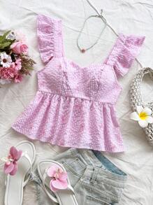 Soleia 女士甜美条纹刺绣蝴蝶结荷叶边荷叶边短袖衬衫，适合海滩度假、约会、下午茶、音乐节、波西米亚风、春夏季