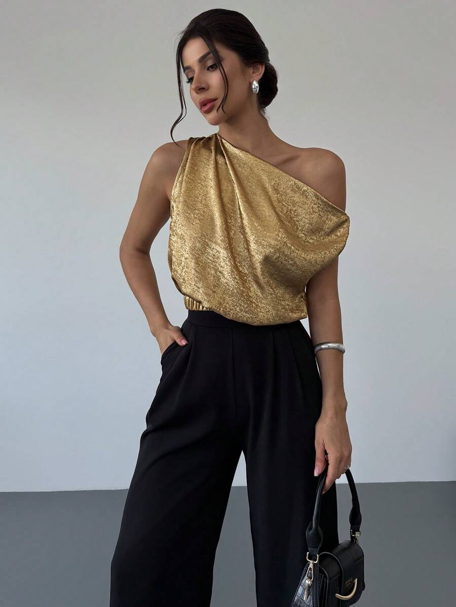 Firerie 女款優雅金色金屬塗層無袖上衣，不對稱肩鬆身剪裁，適合夏季、夜晚外出、派對、約會、節慶穿搭