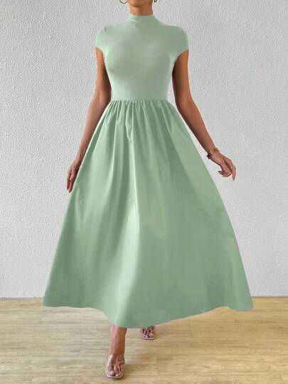 Firerie Women's New Chinese Style Short Sleeve Fitted Flared Dress,Mint Green Dress