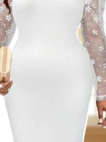 Fleurora 大码秋冬优雅通勤派对婚礼酒会办公室彩色针织刺绣 V 领铅笔袖撞色网眼中长袖连衣裙 - 白色 - 查看 7