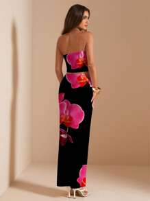 SHEIN BAE 2pcs/Set Women Casual Retro Floral Pattern Outfit, Suitable For Summer - Black - View 2