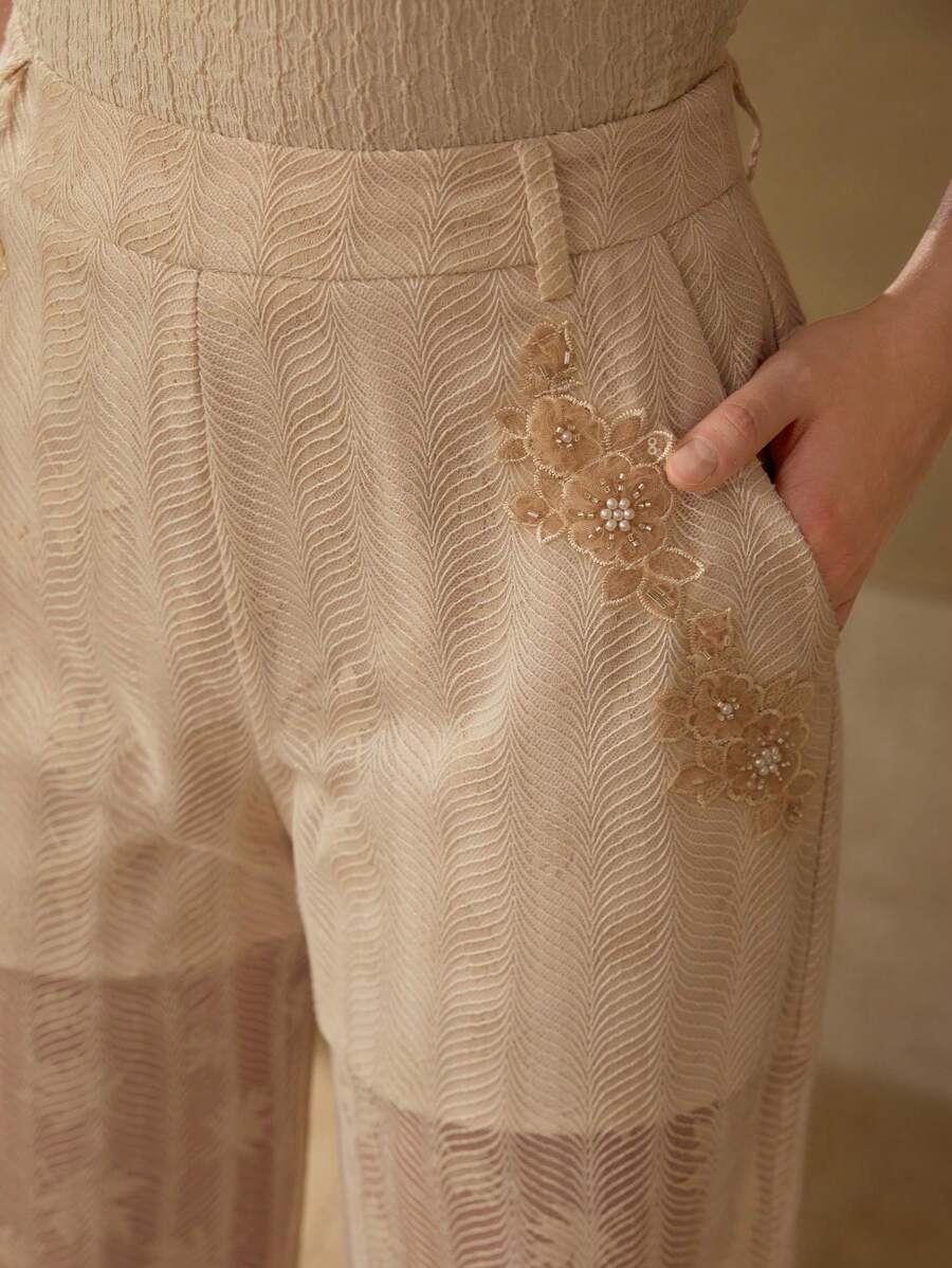 MOTF PREMIUM LACE FLORAL PATCHED SUIT PANTS - Apricot - View 2