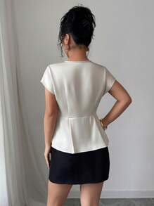 Elenzga French Style V-Neck Satin Short Sleeve Fitted Blouse, Apricot Color, Summer - Apricot - View 2