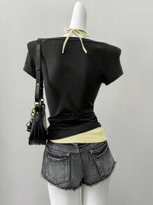 SHEIN EZwear Summer Graphic Tees Western Wear Women Black And Yellow Splicing - Black - View 2
