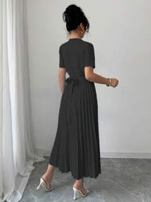 Elenzga 女士春夏通勤度假百褶系带连衣裙 - 黑色 - 查看 2