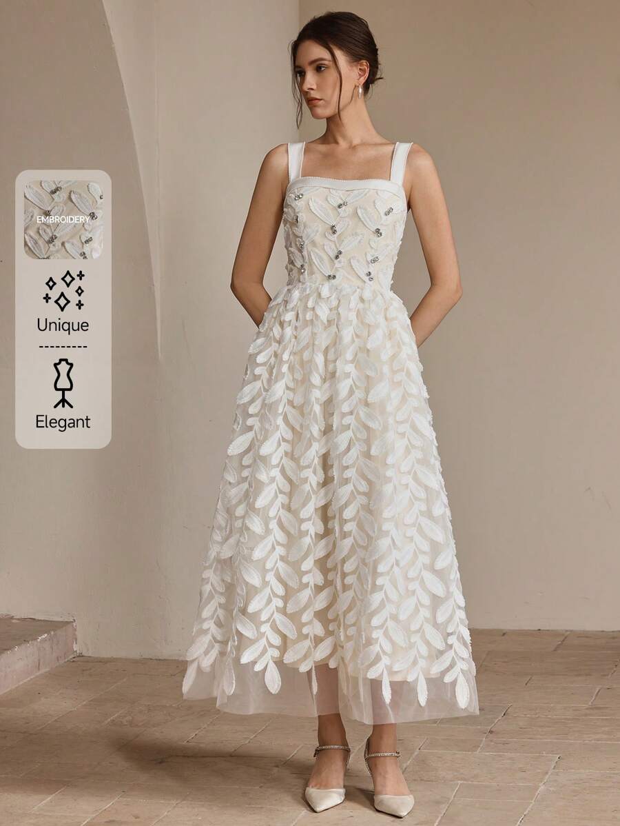 Anewsta Váy dài bồng bềnh không tay lưới xếp nếp lông vũ thanh lịch, váy dự tiệc cưới mùa hè dành cho nữ - Màu be - Xem 1