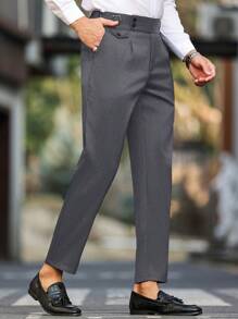 Manfinity Bizformal Men's Business-Casual White Suit Pants Featuring A Waistband Ribbon Design, Perfect As A Gift For Your Boyfriend Or Husband. Men's Casual Solid Color Tapered Suit Pants , White Pants For Men , Men White Slim Dress Pants , , Unique Suit For Men , White Suit Men - Grey - View 5