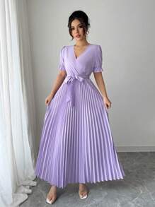 Rafferiza 女式荷叶边下摆交叉 V 领优雅束腰紫色中长连衣裙 - 紫色 - 查看 6