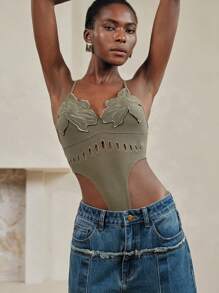 SHEIN LUNE Women Halterneck Form-Fitting Flower Embroidered Top Stretchy Sexy Camisole Bodysuit,Green Top,Summer Outfits For Women - Army Green - View 8
