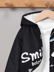 SHEIN 男童毛絨內裡帶連帽花印夾克 - 黑色 - 查看 6