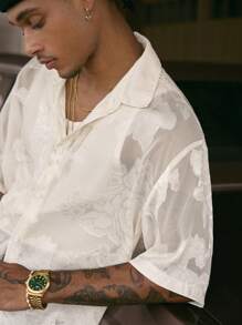 AXEPEAK Men's Loose Cut Short Sleeve Collared White Shirt With Cutout Floral Pattern, Streetwear Edition