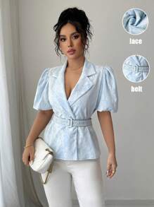SHEIN Clasi Camisa de verano para mujer con mangas abullonadas de encaje, doble botonadura, cintura ceñida y cuello con solapa - Azul - Ver 3