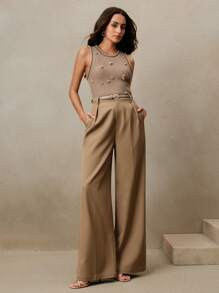 Anewsta Summer Cool Thick Knit Hollow-Out Metal Mirrored Beaded Rolled Hem Vest - Khaki - View 5