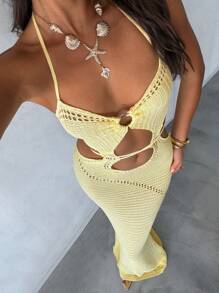 Aloruh Váy len buộc cổ màu vàng nhạt thanh lịch cho nữ - Màu vàng - Xem 7