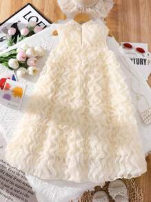 Tween Girls Solid Sleeveless Stand Collar 3D Ruffle Elegant Summer Dress - Apricot - View 3