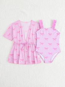 SHEIN Baby Girl Swimwear Set With Bow Striped Print Swimsuit And Kimono Cover-Up, Vacation Style