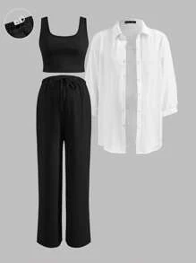 Modmama Solid Color Sleeveless Top, Tie-Front Pants, And Shirt Maternity Set - Black - View 12