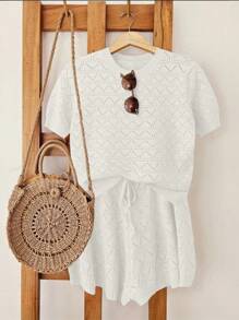 Breezaya 2pcs/Set Women Summer Hollow Out Knit Solid Color Round Neck Knitted Top And Knitted Shorts