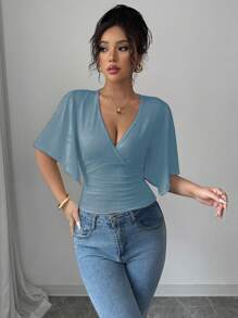 Selianne Casual Vacation Asymmetrical Ruffle Short Sleeve Crop Top For Women - Dusty Blue - View 5