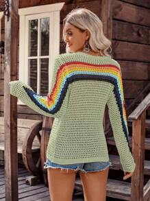 LanaWest 女士乡村风格撞色圆领长袖镂空毛衣，适合度假 - 綠色 - 查看 2