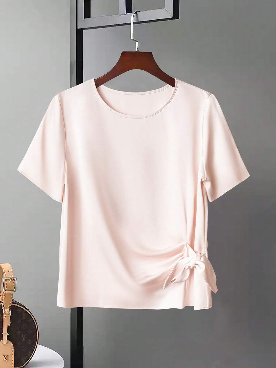 SHEIN Clasi Neue Sommer Damen Seidenbluse mit Schleife, Rundhalsausschnitt, Kurzarm, solide, elegant, locker sitzend, vielseitig einsetzbar