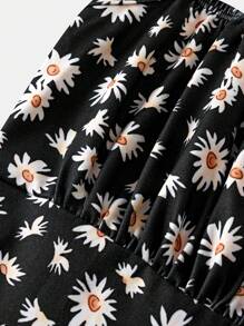 青少年女孩碎花休闲细肩带针织连衣裙 - 黑色 - 查看 4