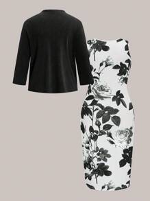 SHEIN Clasi 2件套大码女式修身优雅连衣裙和开衫套装 - 綠色 - 查看 2