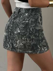 DAZY Women's Casual All-Over Print Diagonal Pocket Denim Mini Skirt, Summer Jeans Skirt - Army Green - View 2