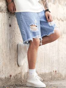 Manfinity Homme Quần short denim thô, sờn rách, chất liệu cotton rộng rãi cho nam, phong cách Emo - Rửa nhẹ - Xem 4