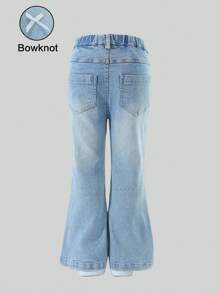 Young Girl Casual Everyday Washed Rhinestone Elastic Waist Flared Leg Pants - Light Wash - View 2