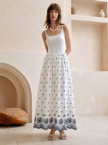 SHEIN LUNE Women's White Polka Dot Embroidered Cami Dress,Summer Elegant Vacation Long A-Line Dress,Waist-Cinching Shirred Ruffle Hem Casual Beach Resort Wear - White - View 5