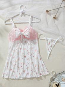 SHEIN 2pcs/Set Romantic Lace & Mesh Printed A-Line Slip Dress Sleepwear Set Bountiful Floral Splendor - White - View 8