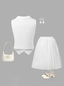 Sparklyn Tween Girls Sleeveless Vest Jacket With Double Breasted, Pleated Skirt, Elegant Work Outfits - White - View 2