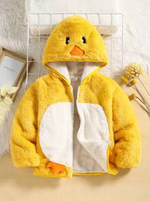 SHEIN Chàng trai trẻ Thêu Hoạt hình Thiết kế tai 3D áo có mũ Áo Teddy Jackets - Màu vàng - Xem 5