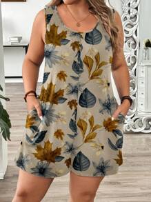 EMERY ROSE Plus Size Casual Leaf Print Jumpsuit, Minimalist Design Suitable For Summer Vacation - Multicolor - View 1