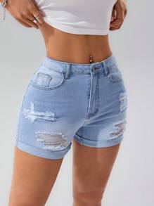 SHEIN PETITE Summer Casual Washed Ripped Slim Denim Shorts - Light Wash - View 3